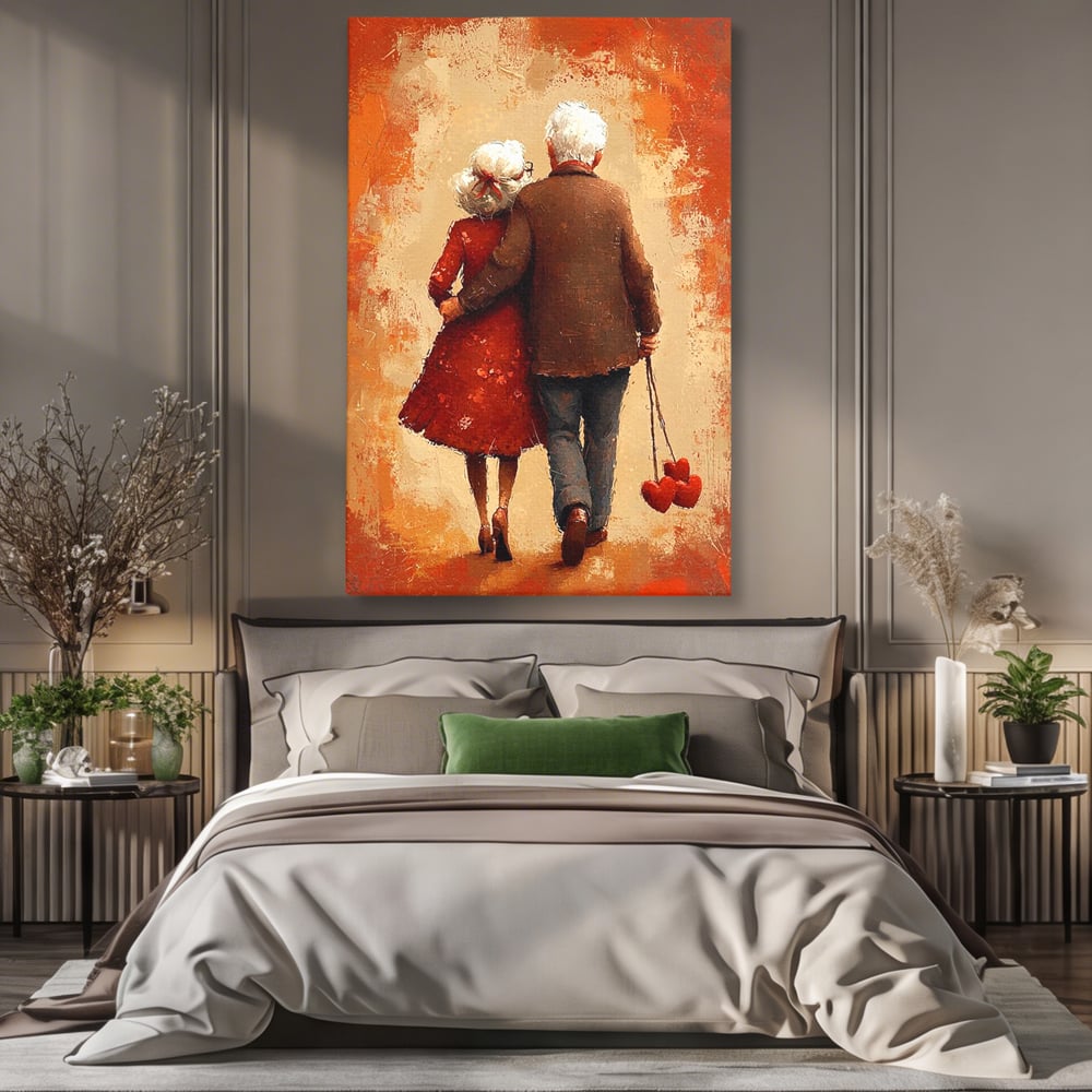 Tablou canvas cu pictura cu un cuplu in varsta imbratisat, fara rama, pe sasiu de lemn, pe perete intr-un dormitor
